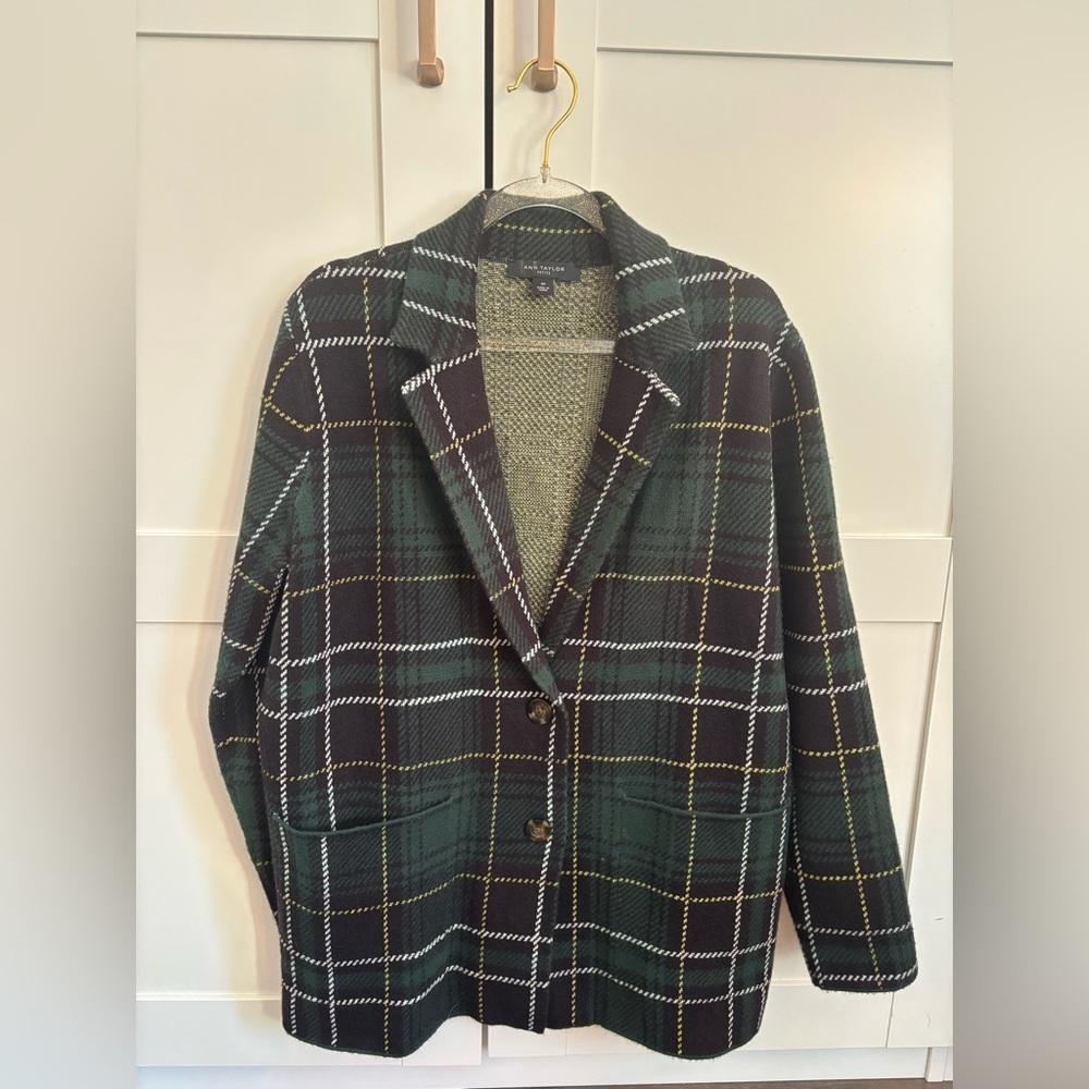 Ann Taylor Green and Black Plaid Blazer Medium Petite Tartan Plaid Holiday